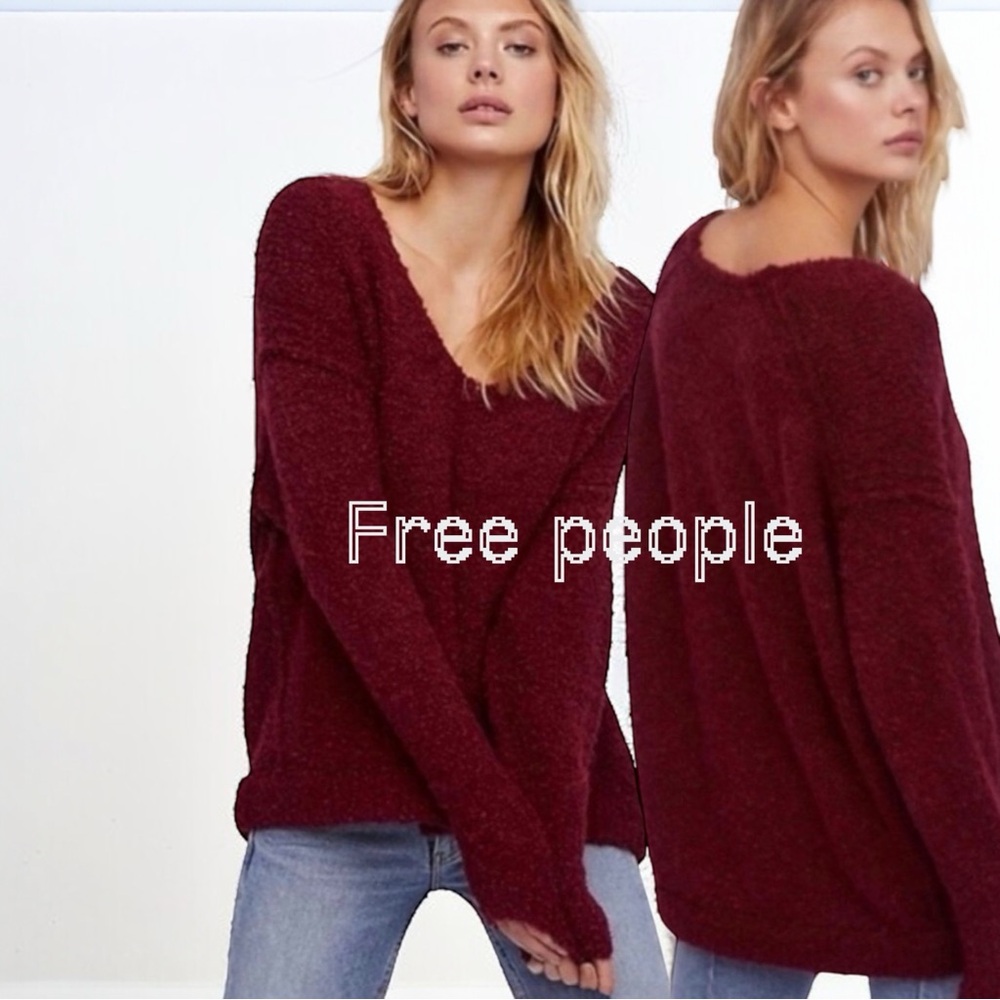 Free People Lofty Long Sleeve V-Neck pullover   Sweater In Burgundy
